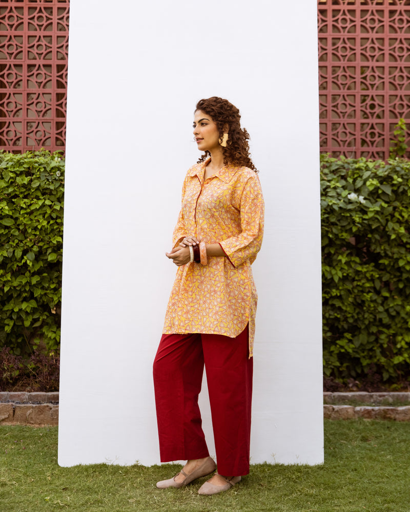 Yellow Cotton Collar Neck Short Kurta