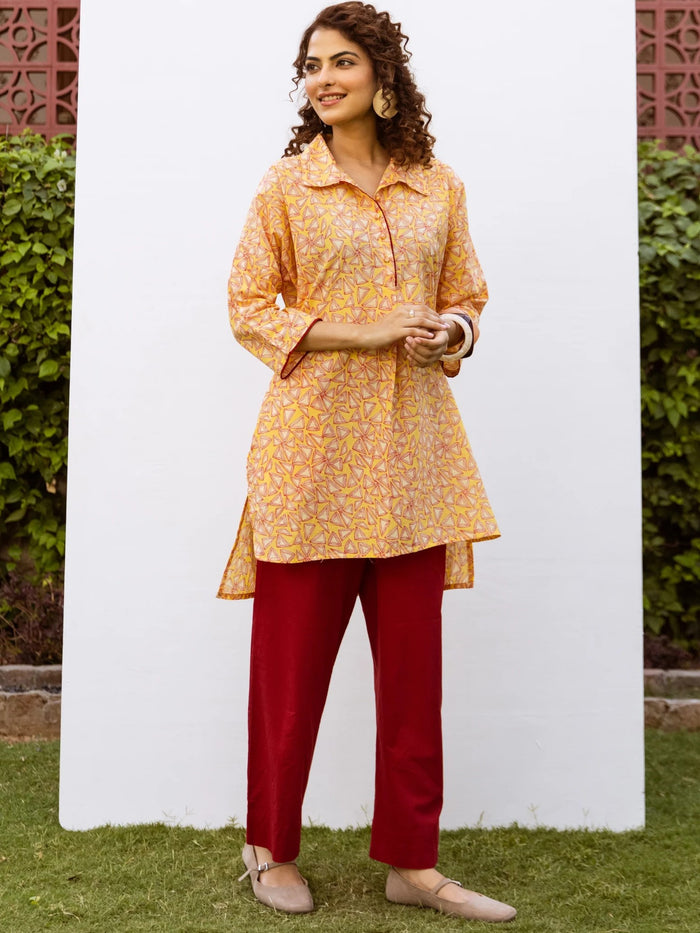 Yellow Cotton Collar Neck Short Kurta
