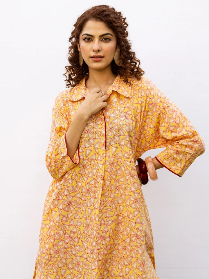 Yellow Cotton Collar Neck Short Kurta