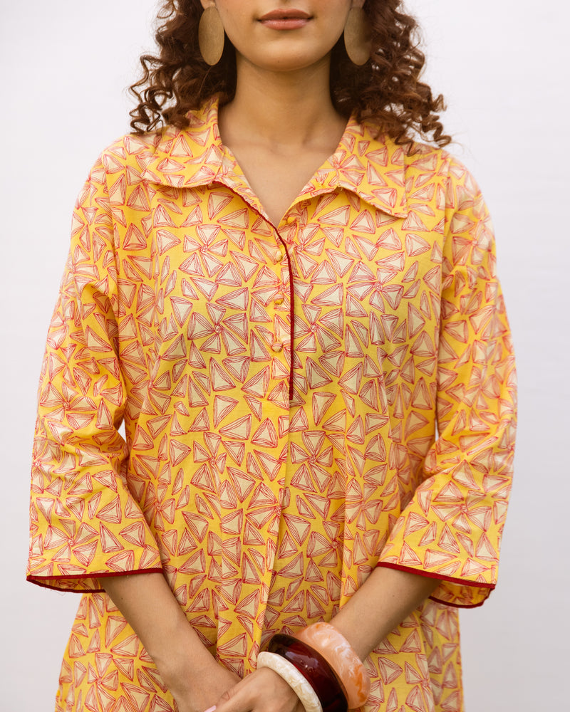 Yellow Cotton Collar Neck Short Kurta