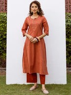 Rust Cotton Flax Kurta For Women's