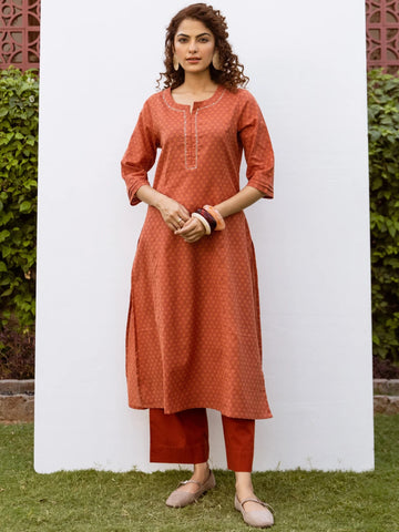 Rust Cotton Flax Kurta For Women's