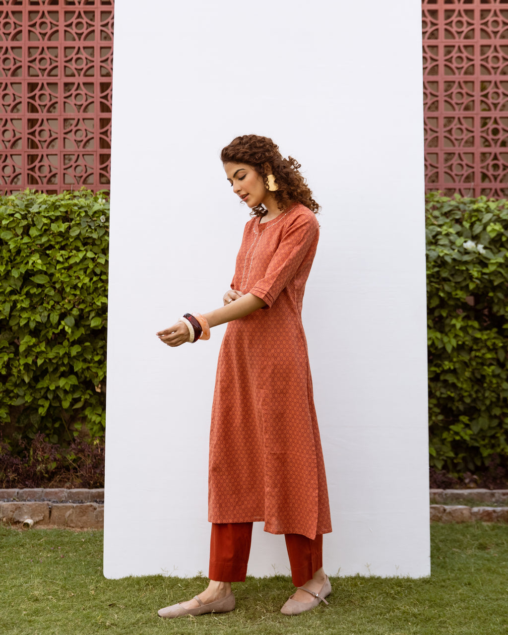 Rust Cotton Flax Kurta For Women's