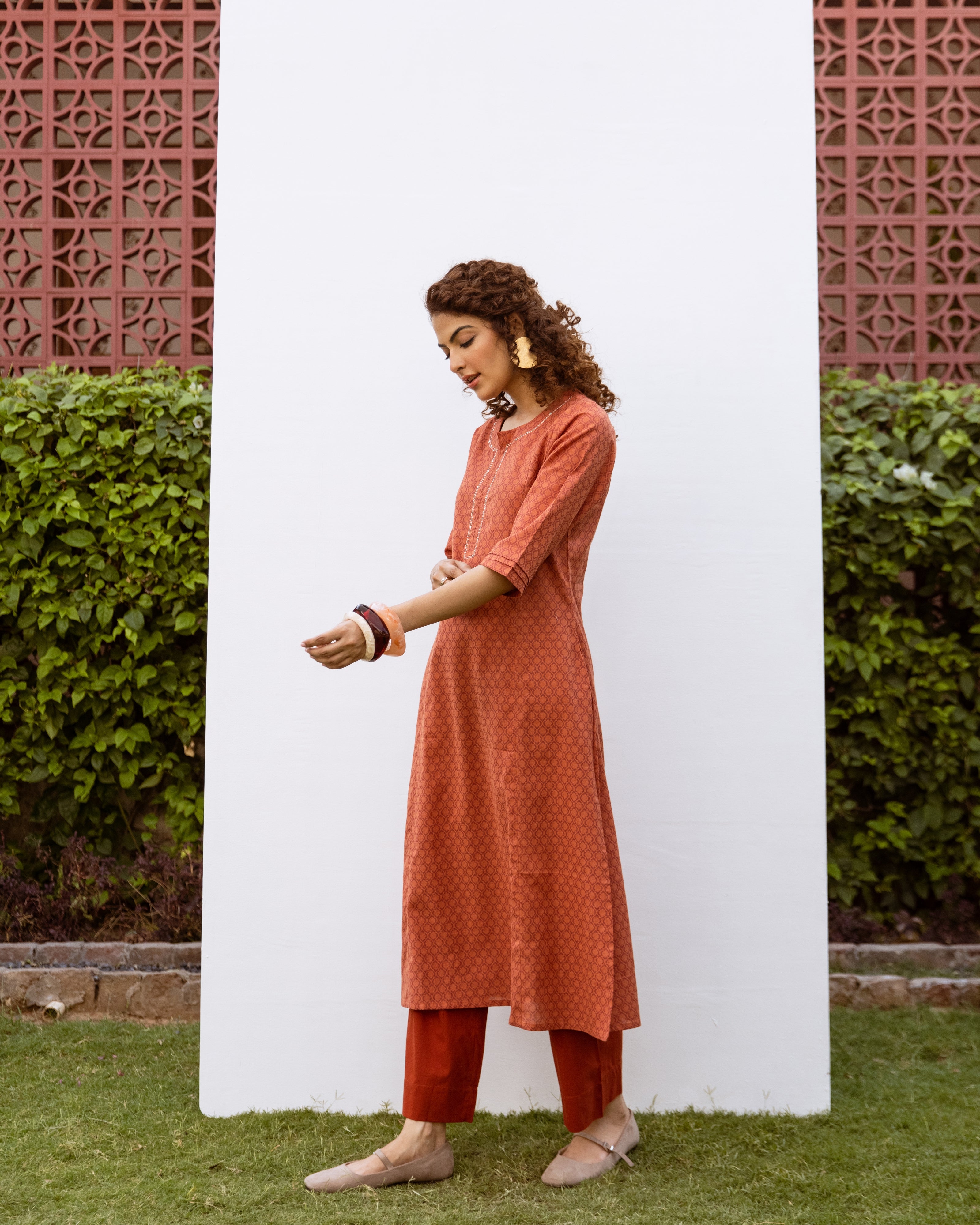 Rust Cotton Flax Kurta For Women's