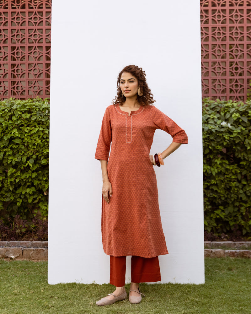 Rust Cotton Flex Kurta For Women's