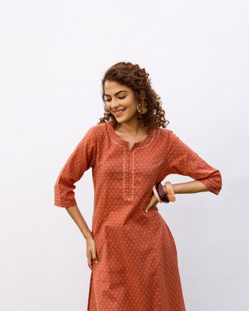 Rust Cotton Flex Kurta For Women's