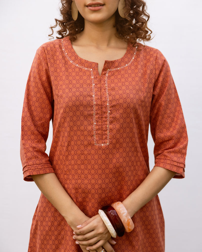 Rust Cotton Flex Kurta For Women's