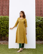 Mustard Yellow Cotton Round Neck Printed Kurta For Women's
