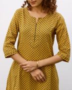 Mustard Yellow Cotton Round Neck Printed Kurta For Women's