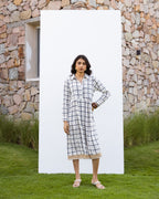 White Cotton Handloom Checked Dress For Women's
