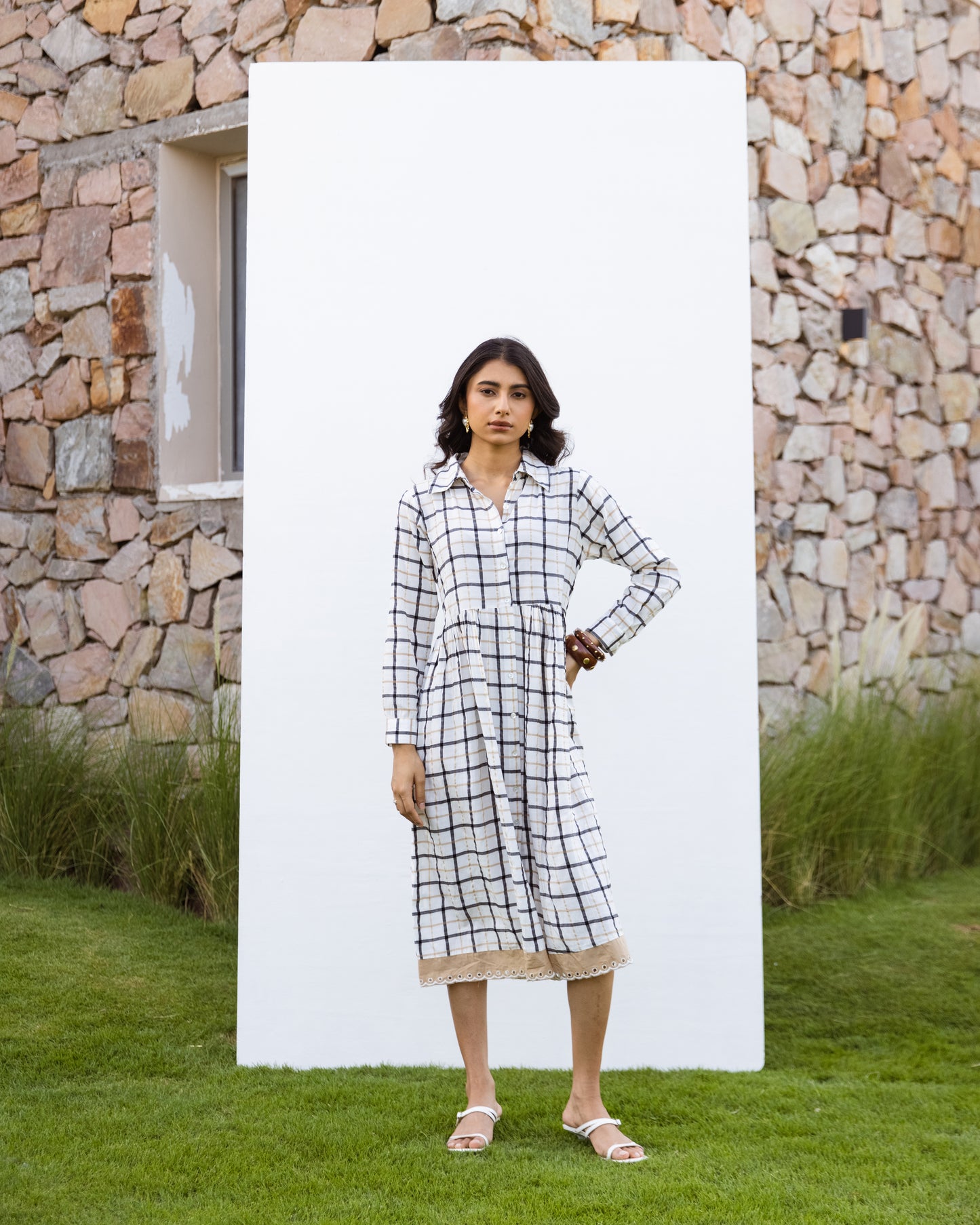 White Cotton Handloom Checked Dress For Women's