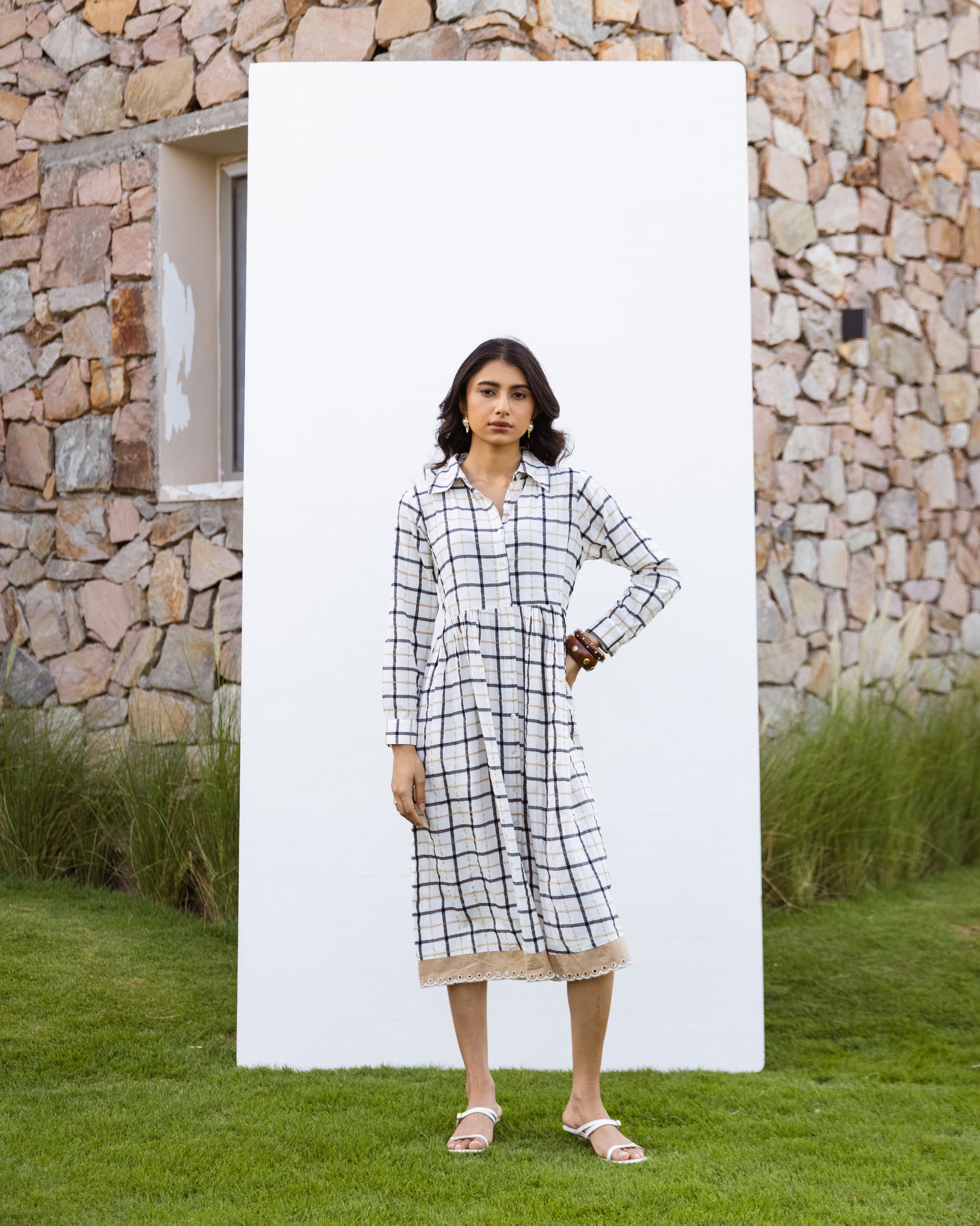 White Cotton Handloom Checked Dress For Women's