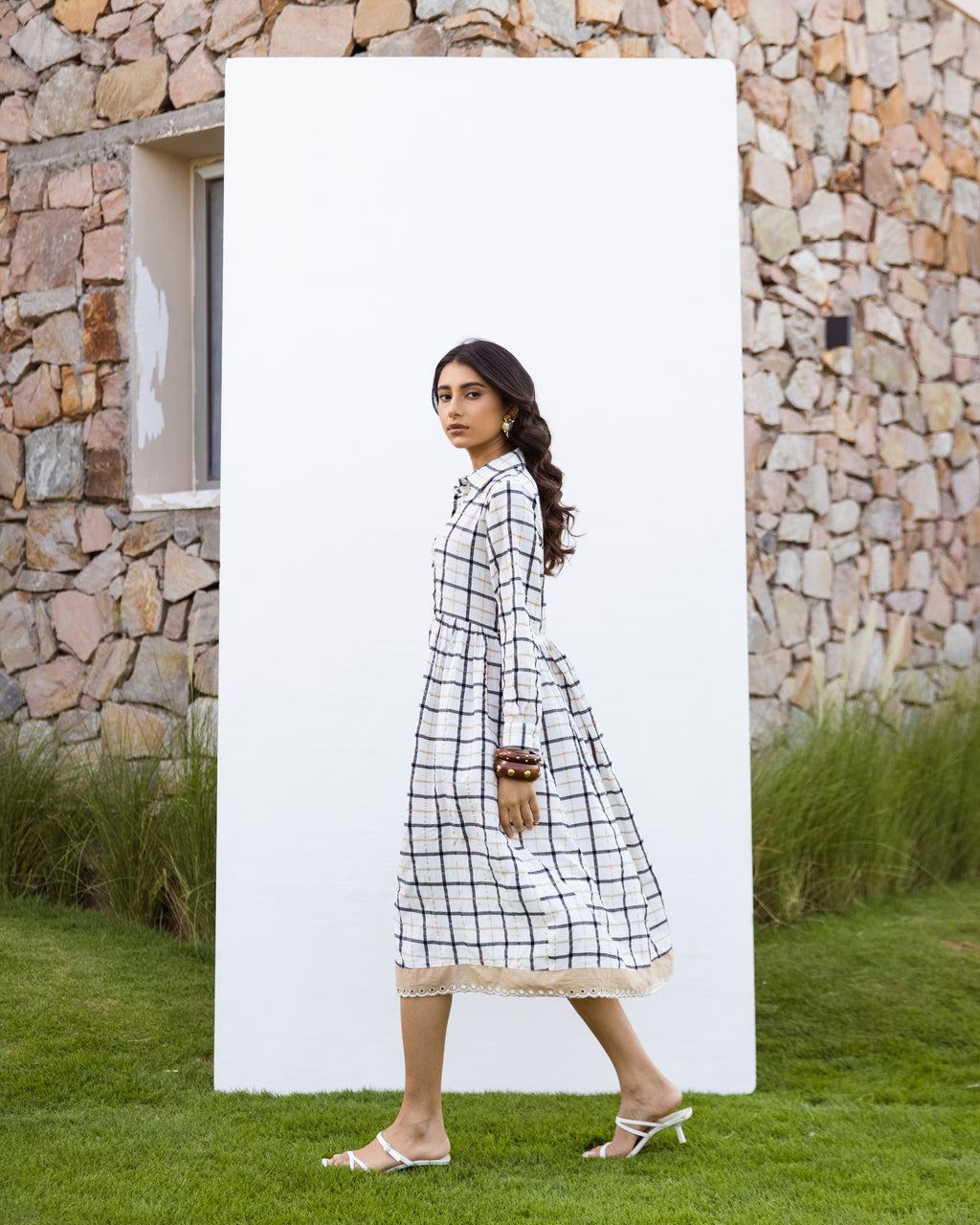 White Cotton Handloom Checked Dress For Women's