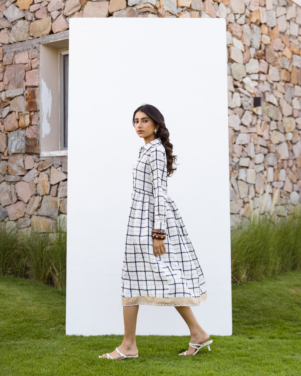 White Cotton Handloom Checked Dress For Women's