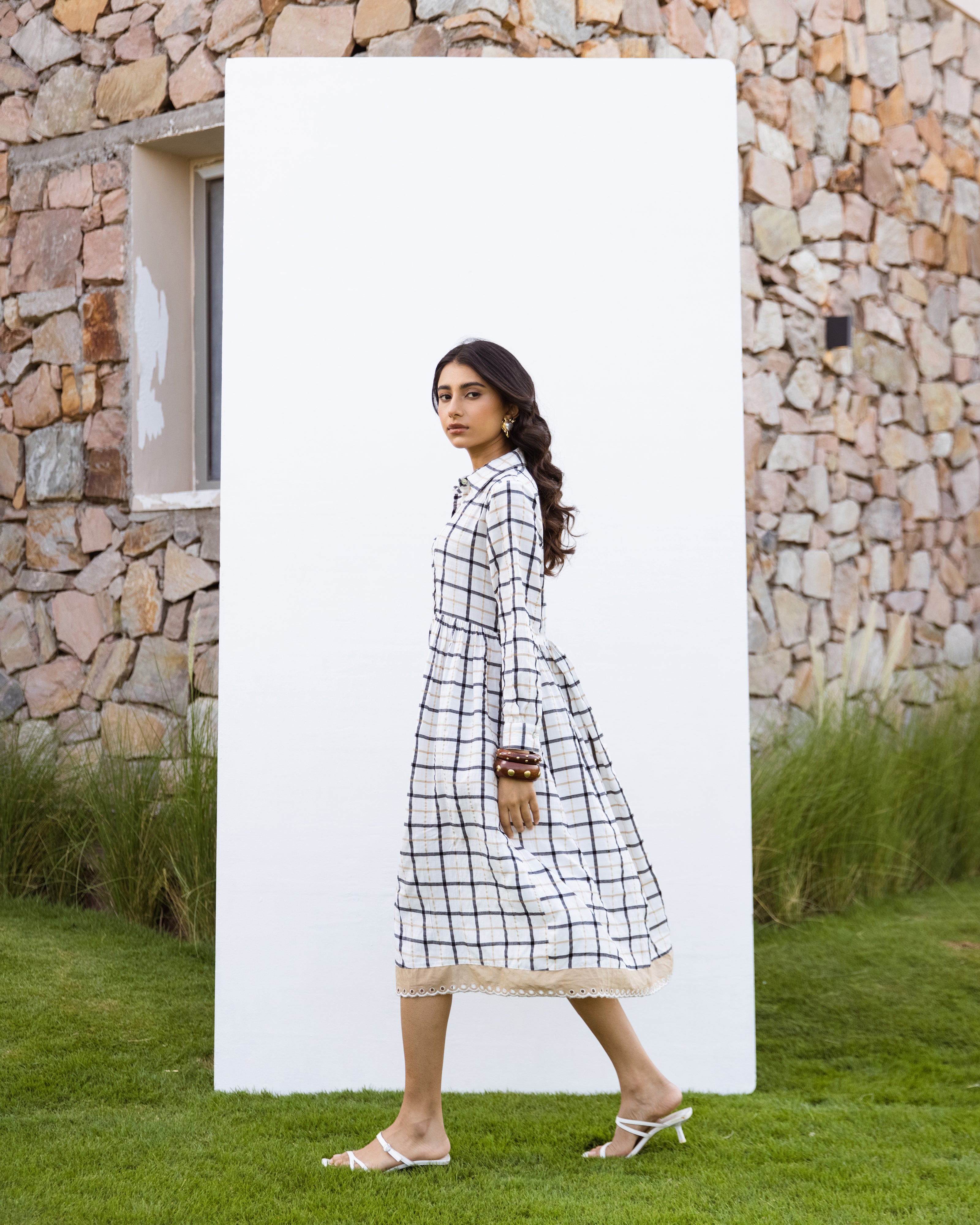 White Cotton Handloom Checked Dress For Women's