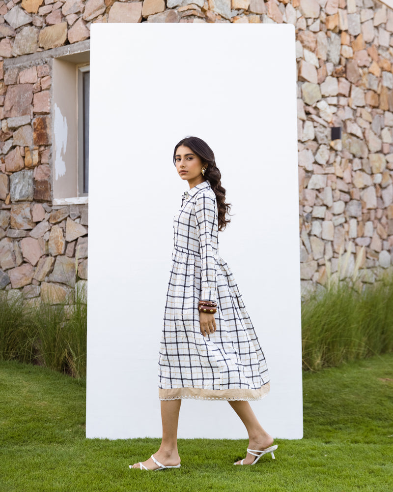 White Cotton Handloom Checked Dress For Women's