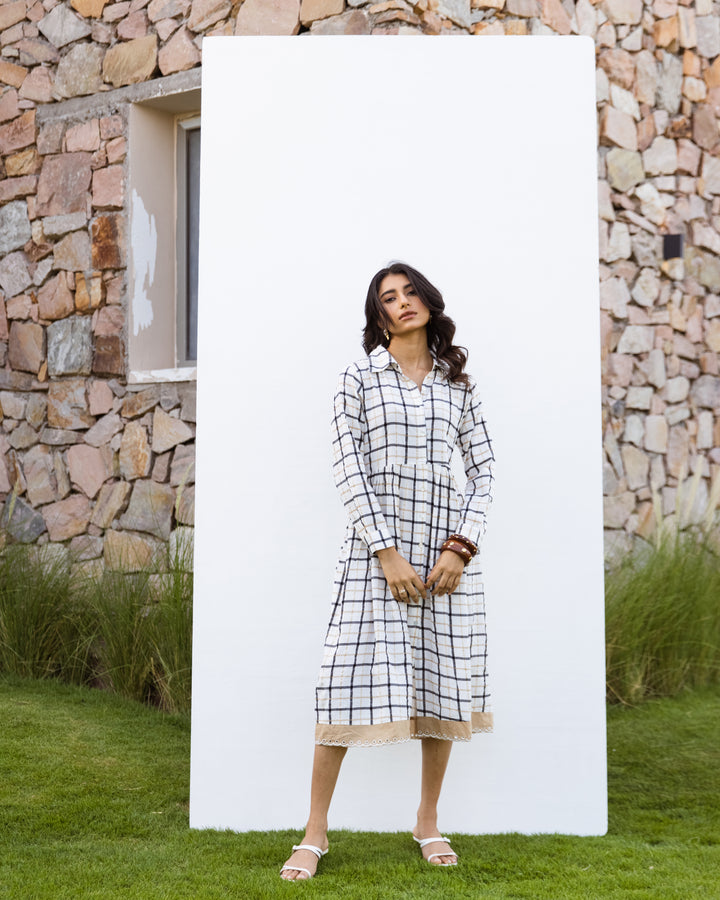 White Cotton Handloom Checked Dress For Women's