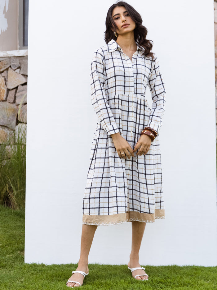 White Cotton Handloom Checked Dress For Women's