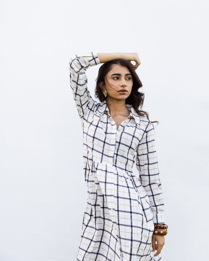 White Cotton Handloom Checked Dress For Women's