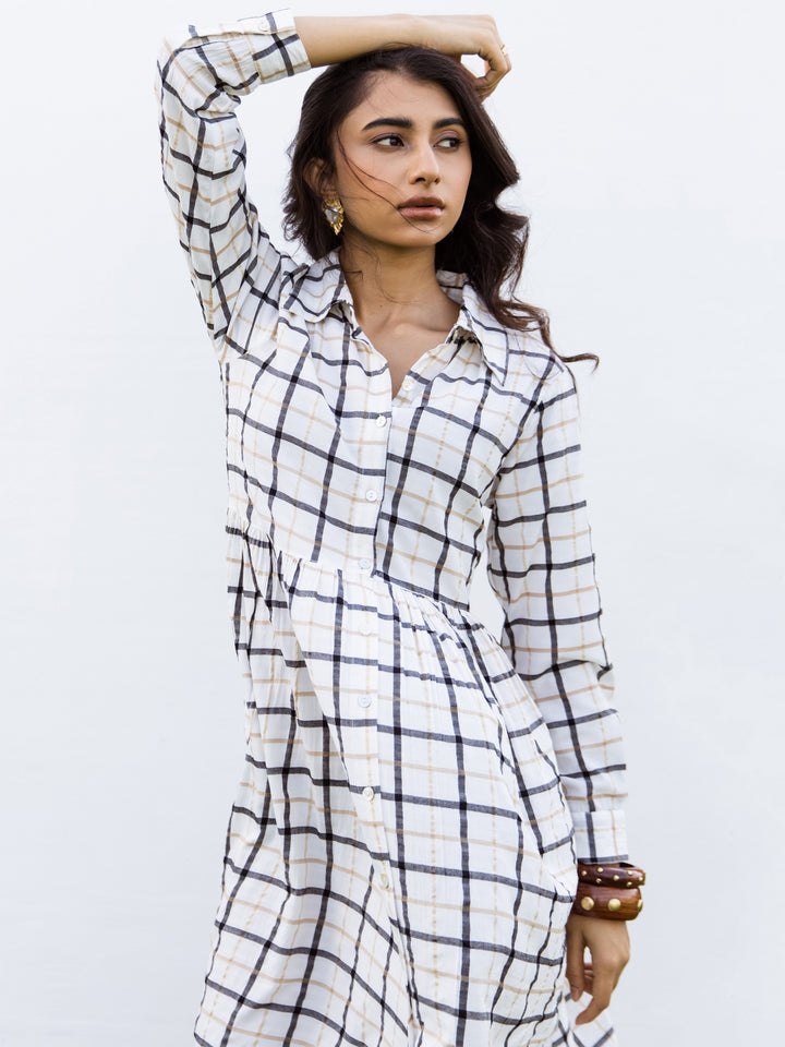 White Cotton Handloom Checked Dress For Women's