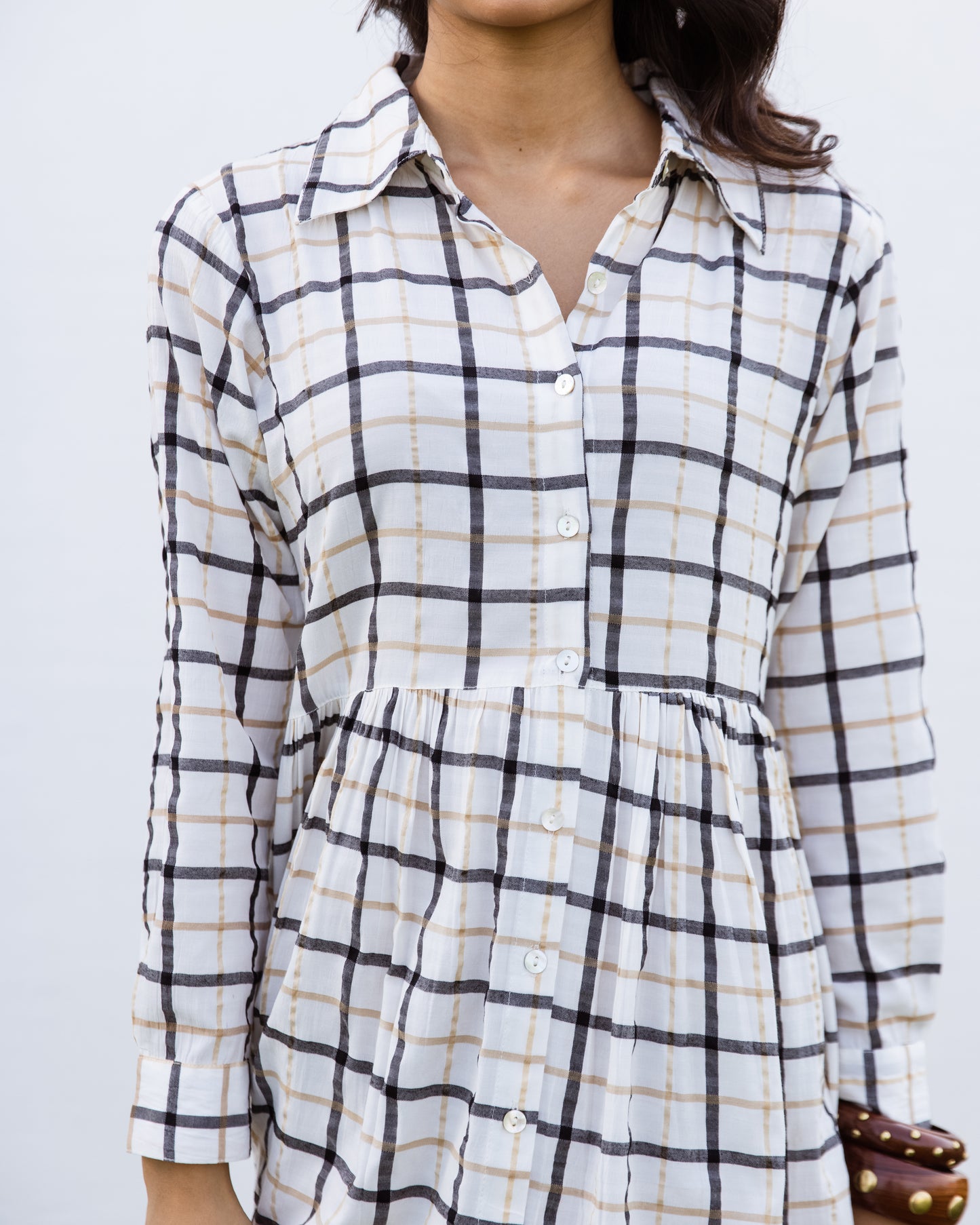 White Cotton Handloom Checked Dress For Women's