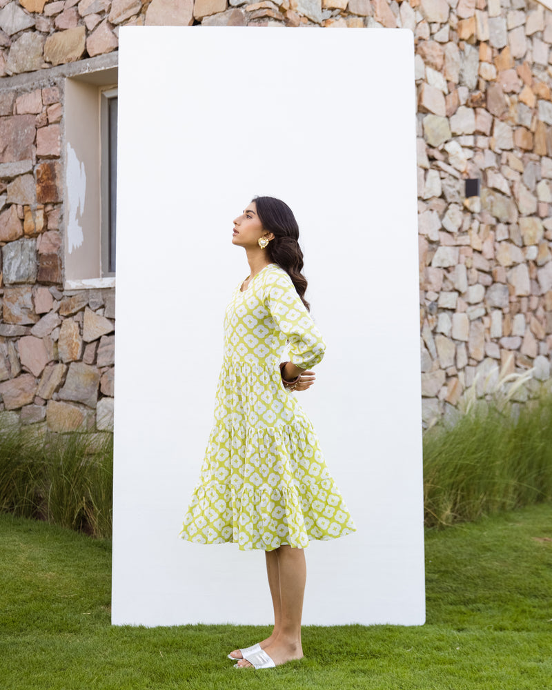 Lime Green Cotton Printed Dress For Women's