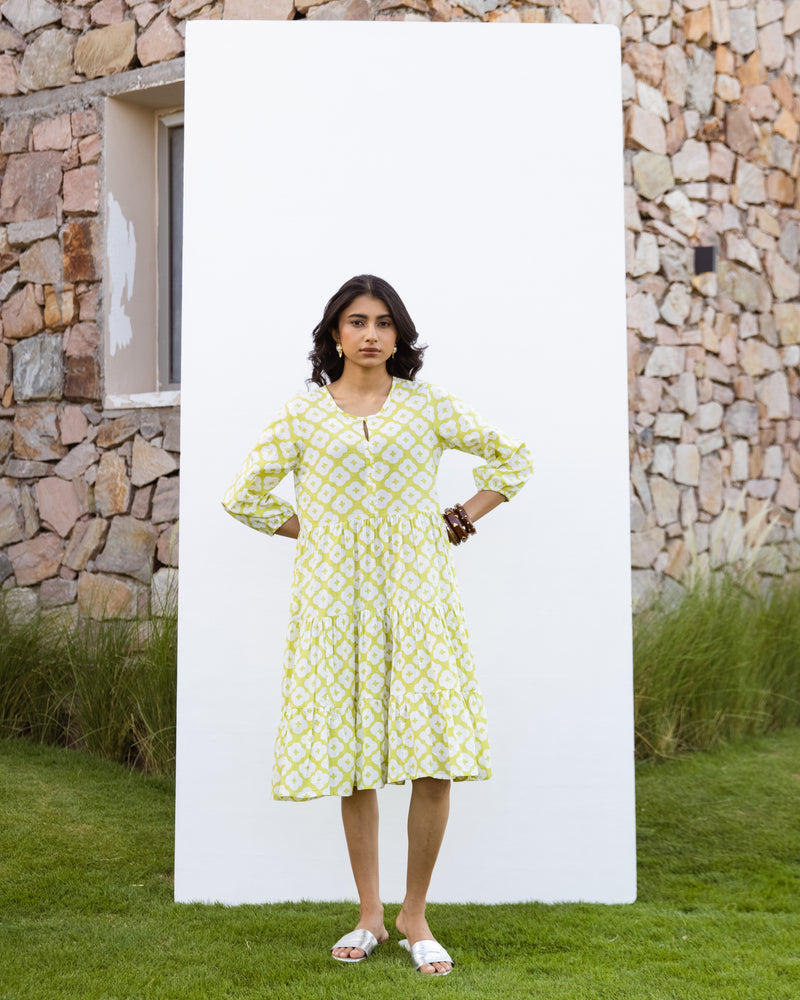 Lime Green Cotton Printed Dress For Women's