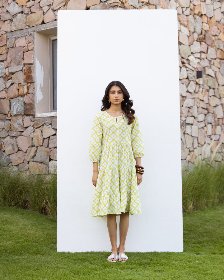 Lime Green Cotton Printed Dress For Women's