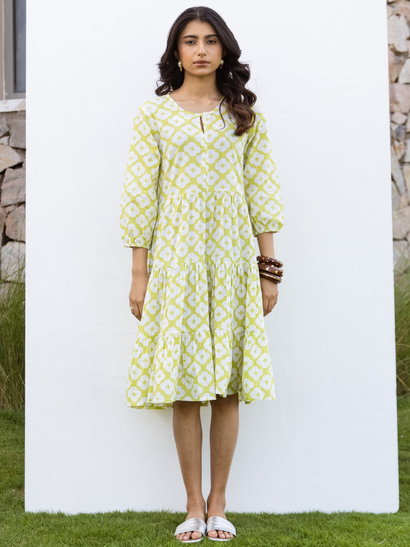 Lime Green Cotton Printed Dress For Women's