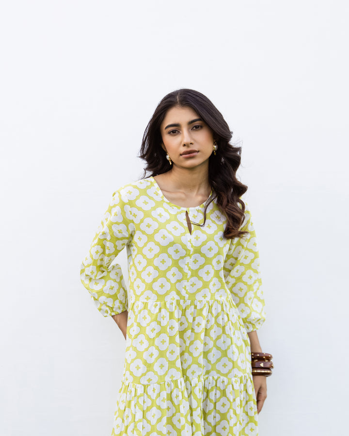 Lime Green Cotton Printed Dress For Women's