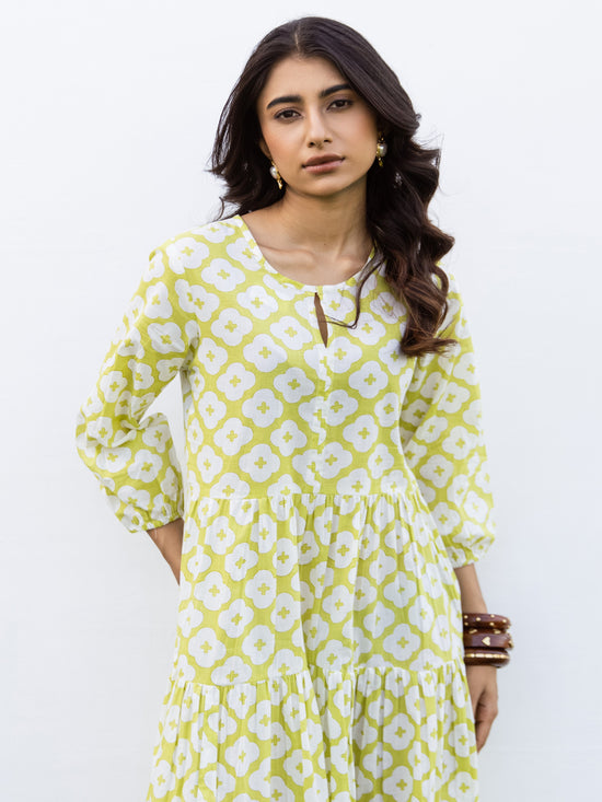Lime Green Cotton Printed Dress For Women's