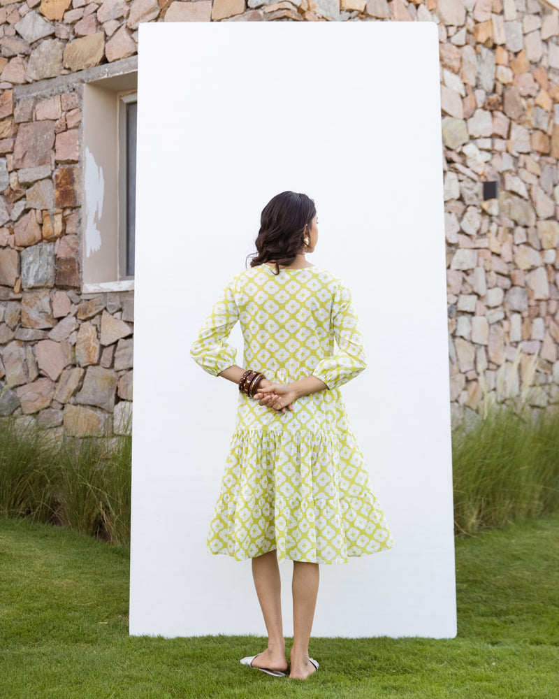 Lime Green Cotton Printed Dress For Women's