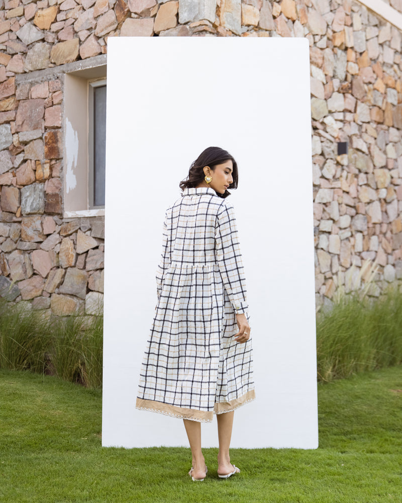 White Cotton Handloom Checked Dress For Women's