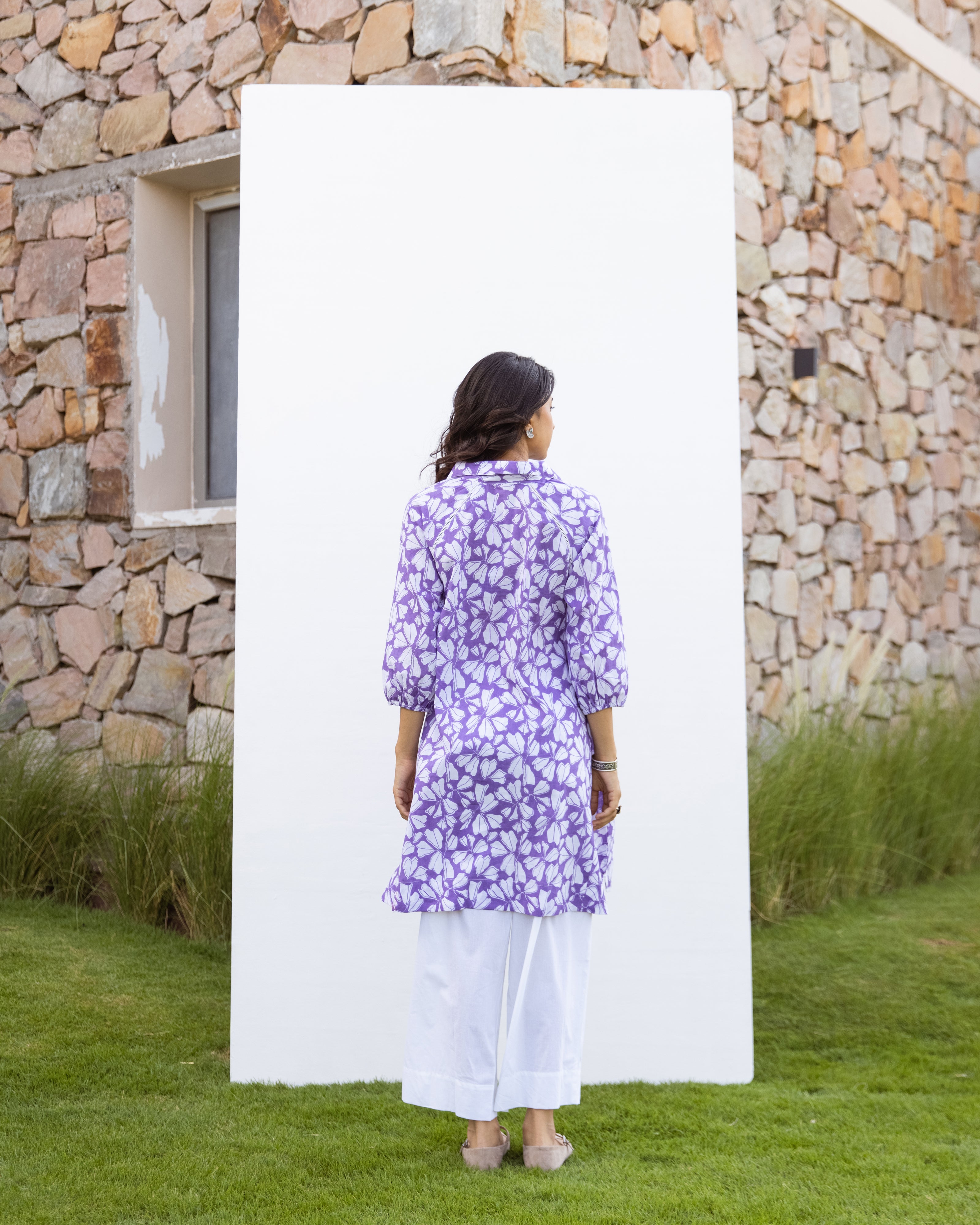 Purple Cotton Collar Neck Printed Kurta For Women's