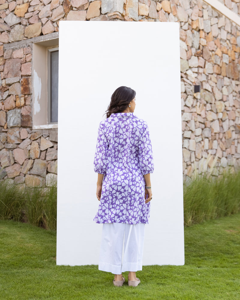 Purple Cotton Collar Neck Printed Kurta For Women's
