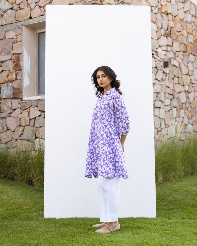 Purple Cotton Collar Neck Printed Kurta For Women's