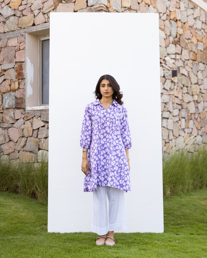 Purple Cotton Collar Neck Printed Kurta For Women's