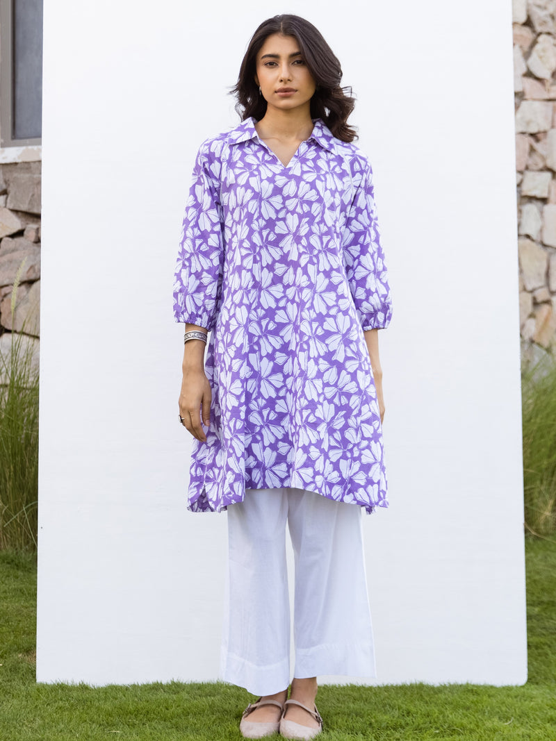 Purple Cotton Collar Neck Printed Kurta For Women's