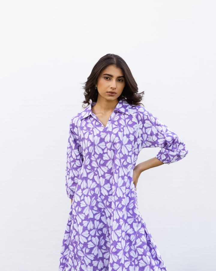Purple Cotton Collar Neck Printed Kurta For Women's