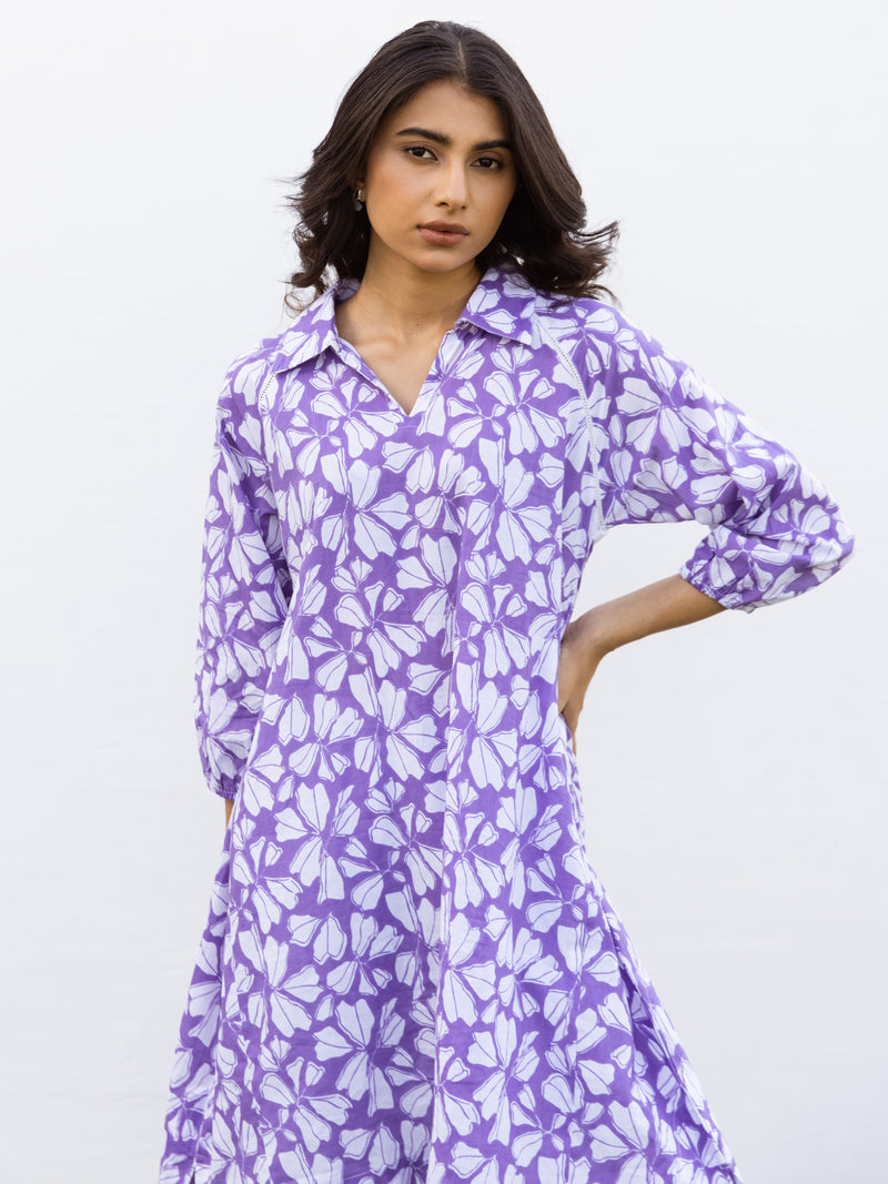 Purple Cotton Collar Neck Printed Kurta For Women's