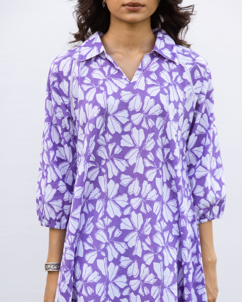 Purple Cotton Collar Neck Printed Kurta For Women's