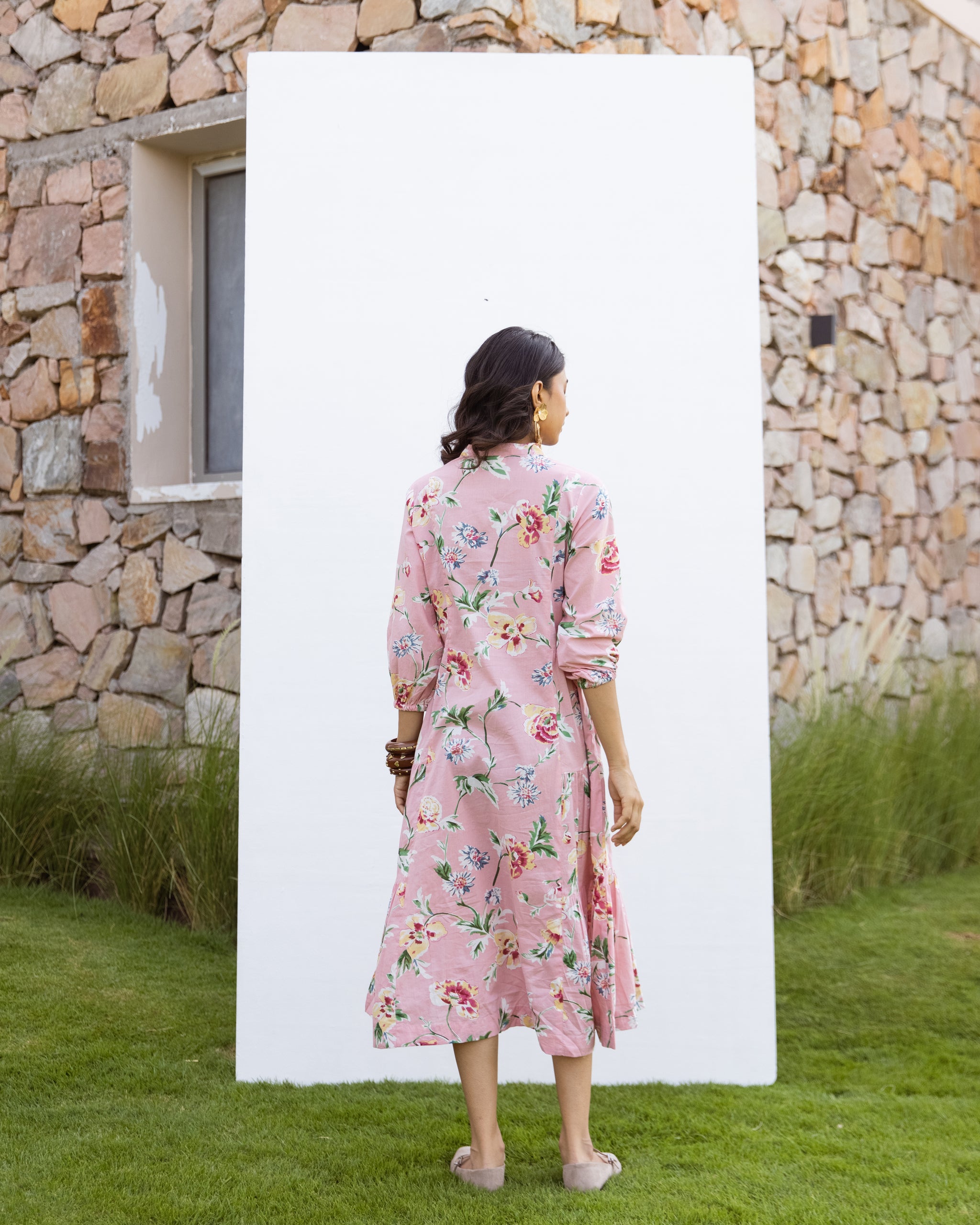 Pink Cotton Round Neck Printed Dress For Women's