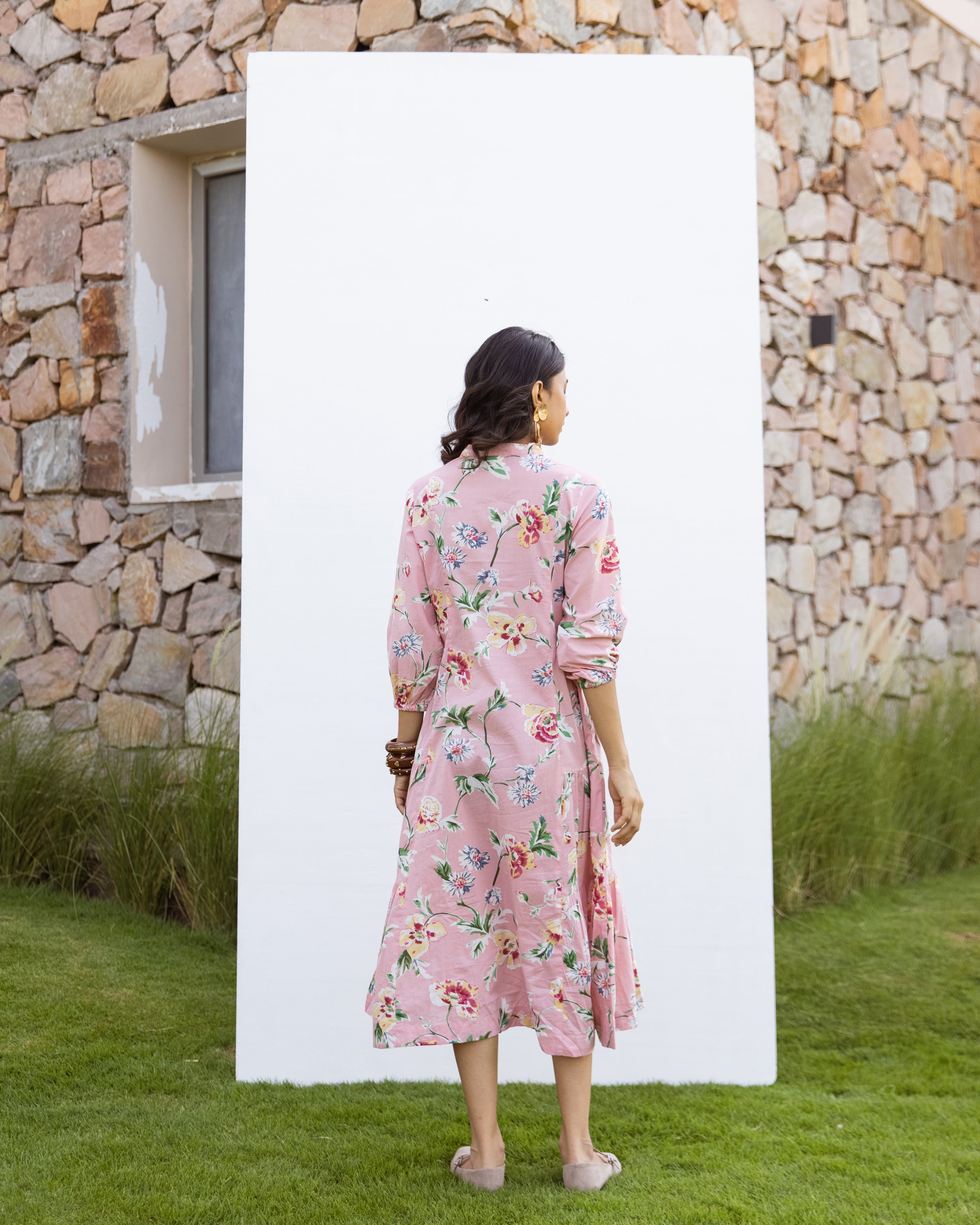 Pink Cotton Round Neck Printed Dress For Women's
