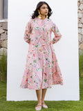Pink Cotton Round Neck Printed Dress For Women's