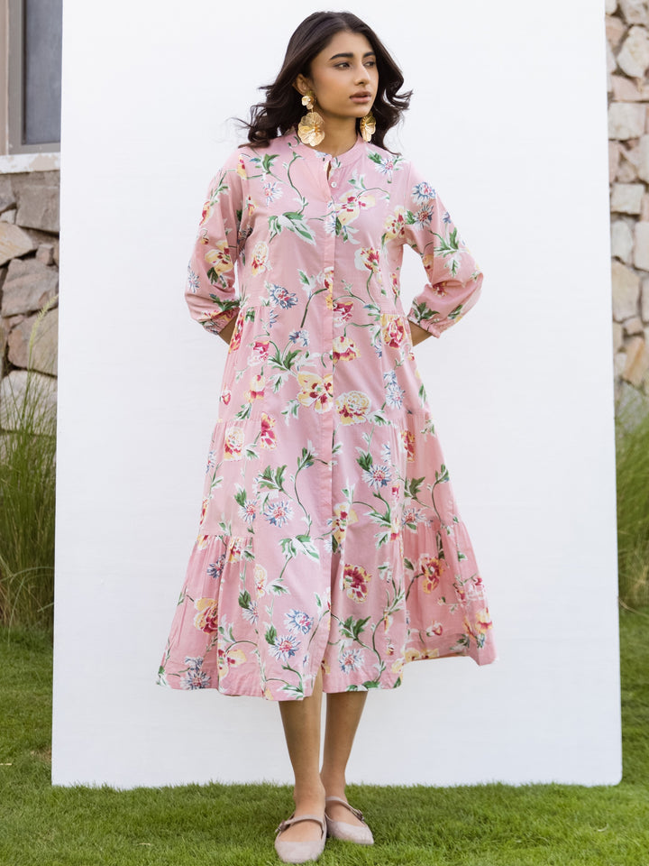 Pink Cotton Round Neck Printed Dress For Women's