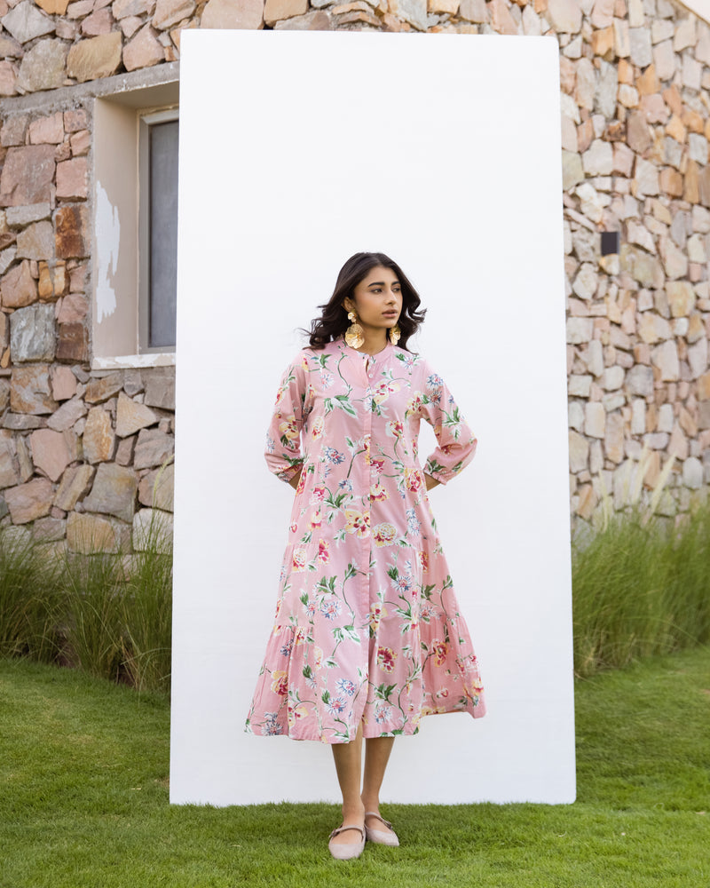 Pink Cotton Round Neck Printed Dress For Women's