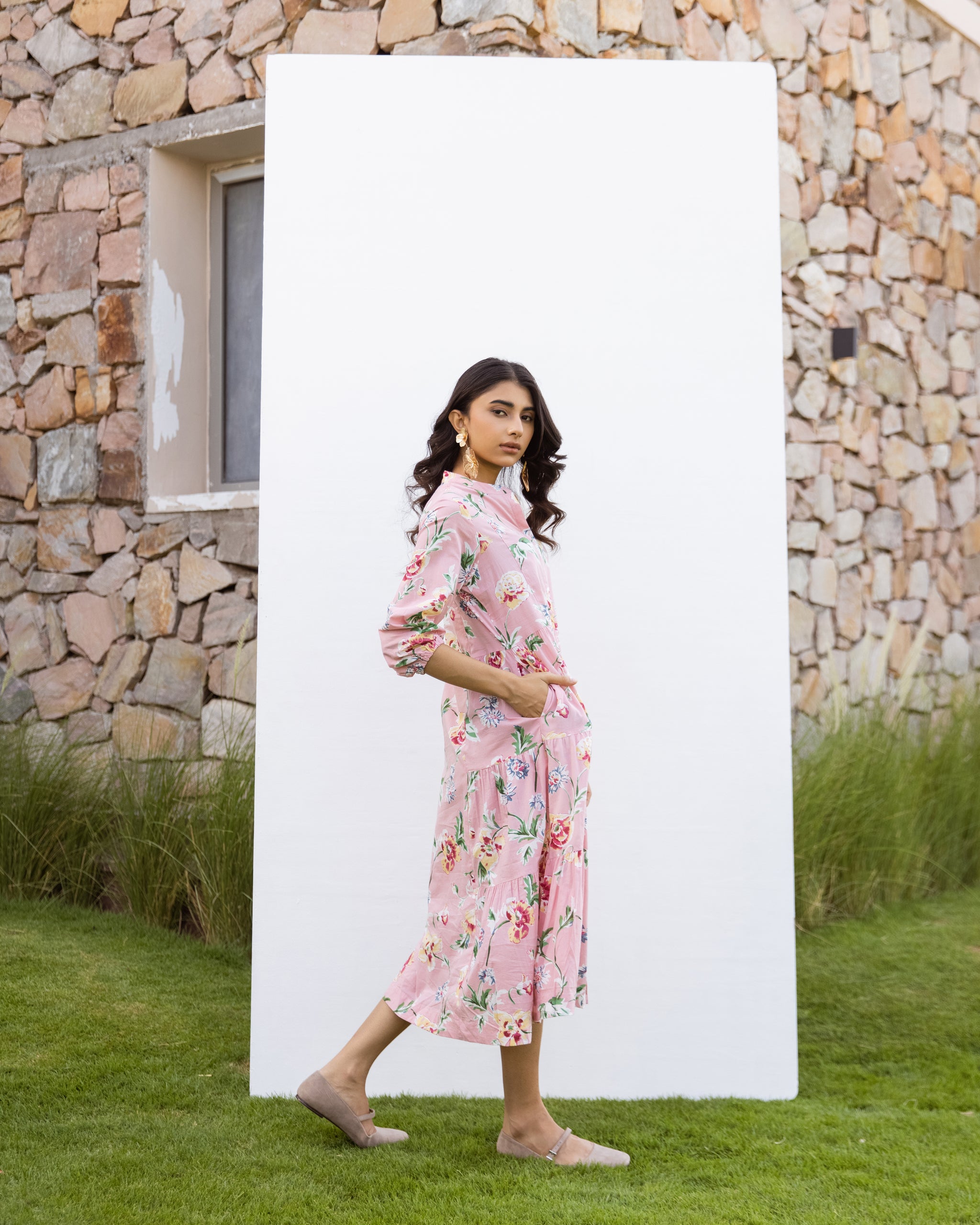 Pink Cotton Round Neck Printed Dress For Women's
