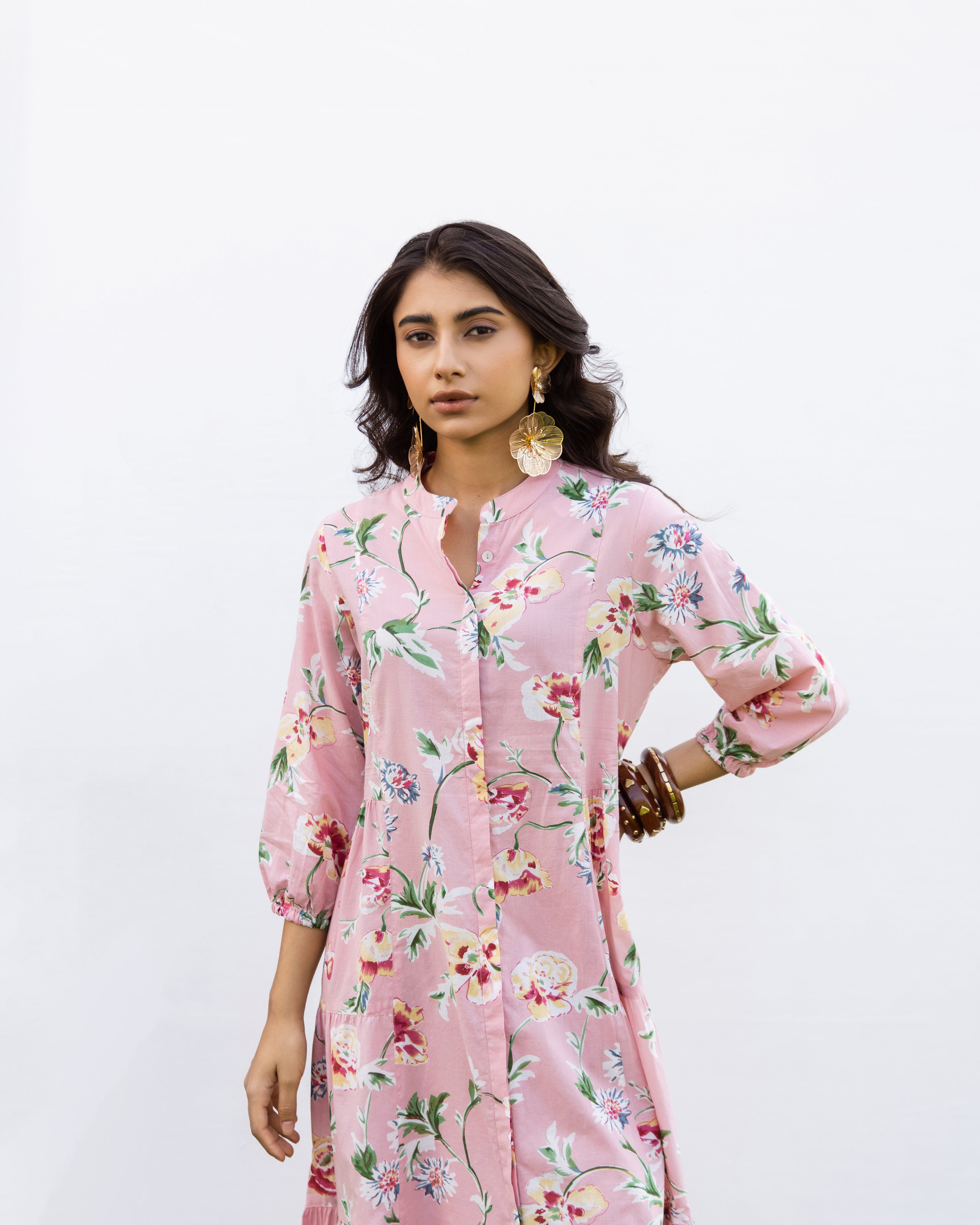 Pink Cotton Round Neck Printed Dress For Women's