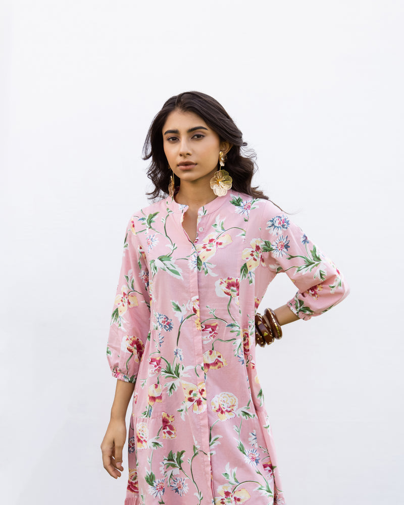 Pink Cotton Round Neck Printed Dress For Women's
