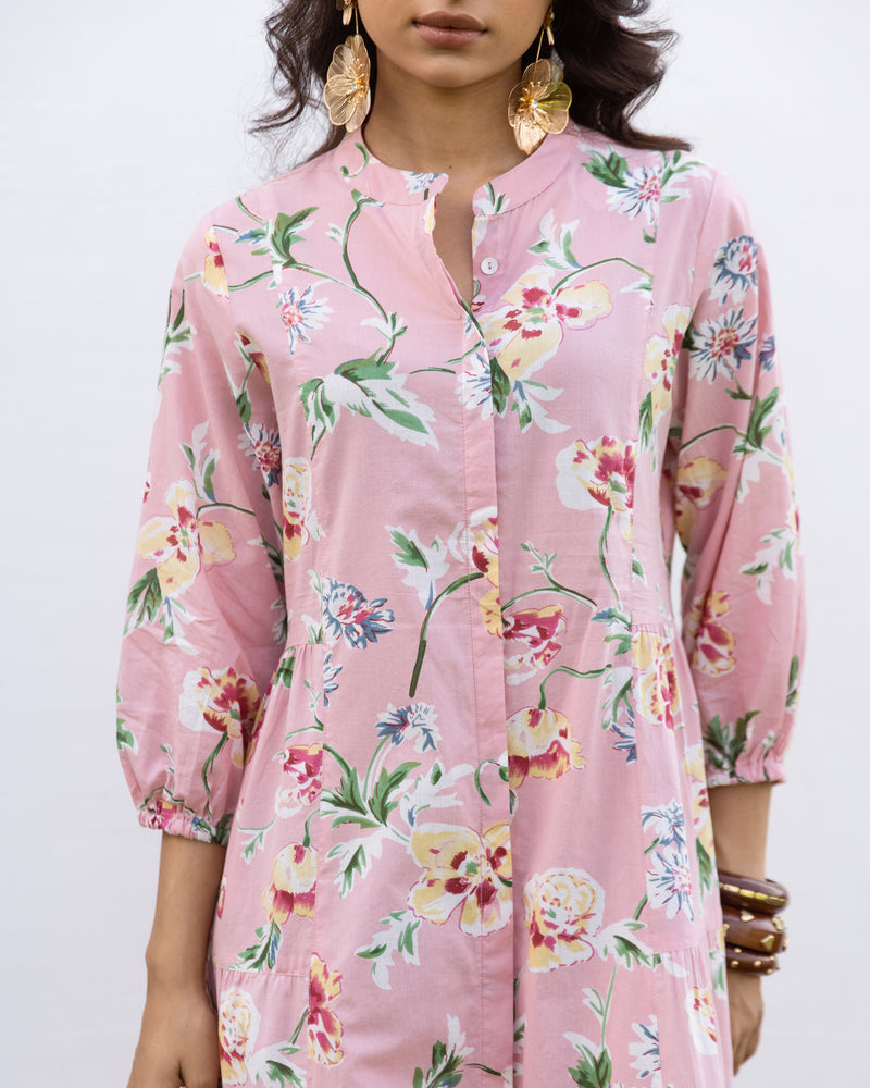 Pink Cotton Round Neck Printed Dress For Women's